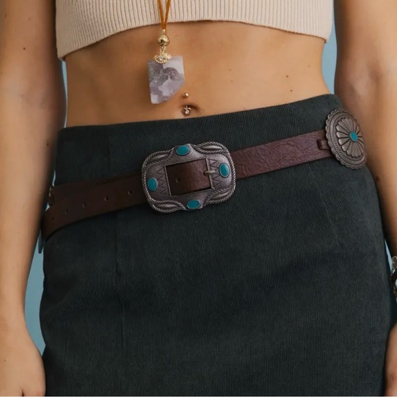 Bohemian Western Brown Vegan Leather Belt with Silver and Turquoise Accents NWT - Picture 1 of 8